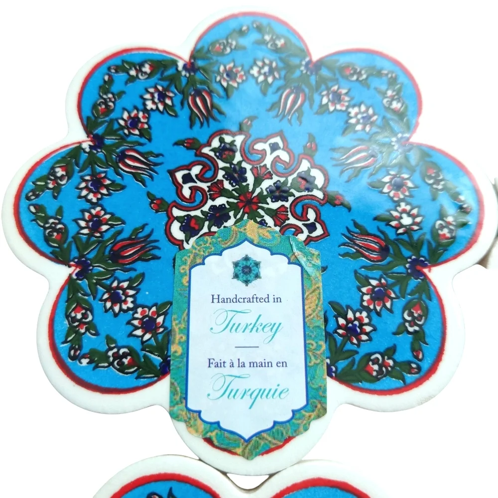 Set of 4 Blue Floral Design Handcrafted Turkish Ceramic Coasters